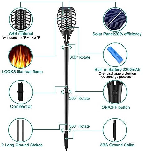 Solar Lights, 43" Flickering Flames Torch Lights Outdoor Waterproof Landscape Decoration Lighting 4-Pack + 4 PCs Plastic Spikes for Solar Flame Torch Lights Solar Torch Lights Replacement ABS Ground S - Image 4