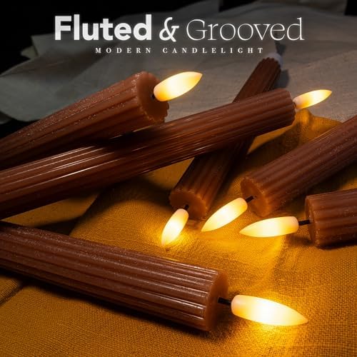 12 Pack, 10" LED Flameless Brown Tan Fluted Ribbed Grooved Taper Candles w/ 2 Remotes & 24h Timer Memory, On/Off Button, Dimmable, Flicker Mode, Battery Operated, Christmas Menorah Wedding - Image 3