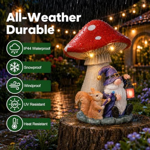 Solar Gnome and Squirrel Statue Under Mushroom Garden Decor, Garden Gnomes Outdoor Statue with Solar Lantern for Yard Patio Lawn Decor, Unique Birthday Gifts for Mom Women Grandma - Image 5