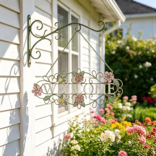 Vintage Welcome Wall Decor Metal Hanging Welcome Sign Rustic Farmhouse Distressed Flower and Butterfly Welcome Sign Decoration for Garden Porch Patio Yard Outdoor 16"L (Colorful) - Image 4