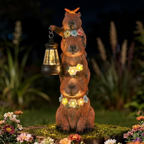 Capybara Solar Garden Statue, Outdoor Capybara Statue with Flower Decoration & Lantern Light, Funny Triple Capybara Decor for Women, Capybara Figurine for Yard Garden Patio Lawn Ornaments by IDEASHOW