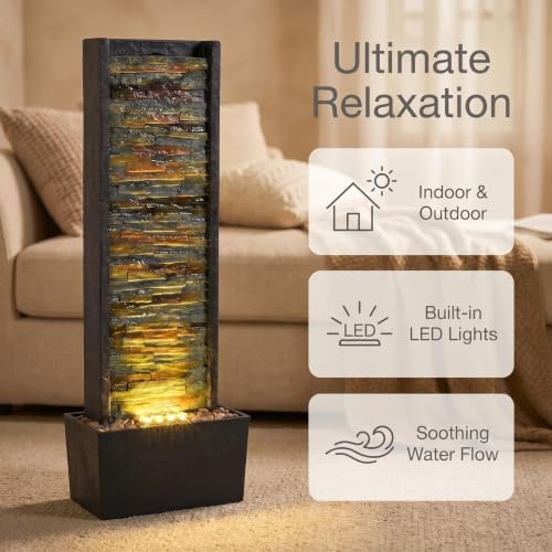 38 Inch Tall Indoor Water Fountain, Staggered Stone Wall Waterfall Fountain with LED Lights, Relaxing Ambience Water Feature for Living Room Bedroom Office Garden Yard, Home Decor - Image 2