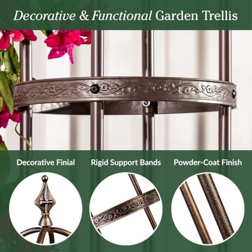Plow & Hearth Metal Garden Obelisk | Indoor/Outdoor | Powder-Coated Steel | Trellis for Climbing | Floral Pattern | 11" Dia. x 7'H | Bronze - Image 4