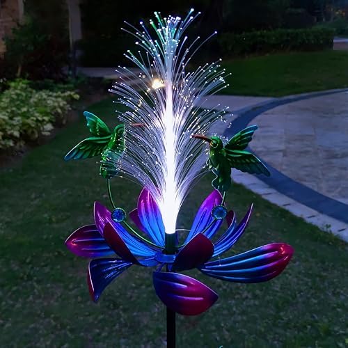 Solar Hummingbird Wind Spinners, Solar Firework Lights Garden Décor, Metal Lotus Flower Windmill Colour Changing Optical Fiber Lights Yard Decoration, Outdoor Wind Sculpture for Lawn Patio,Balcony by Qobumy
