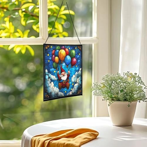 Gnome Balloon Ride Stained Glass Suncatcher – Square Hanging Window Panel for Home or Greenhouse – Whimsical Glass Art Gift for Garden Lovers, Christmas, Halloween, Father Days 7bMllP - Image 3