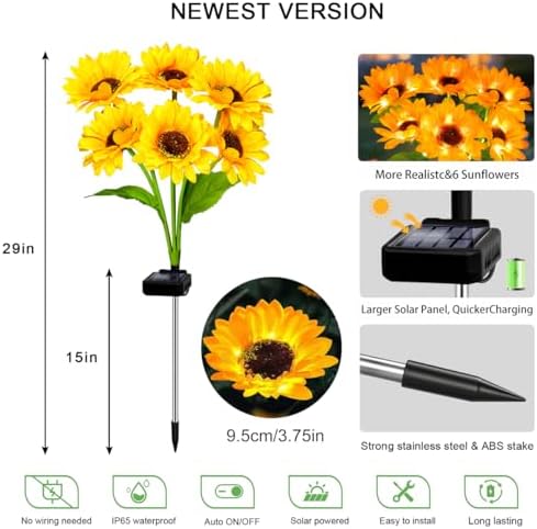 Solar Lights Outdoor, Gift for Women, Mom Grandma, 6 Pack with 36 Solar Sunflower Lights, Solar Flower Lights Waterproof, Sunflower Outside Decorative Stake Light for Landscape Yard Patio Lawn Pathway - Image 3