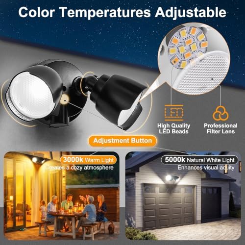 2 Packs 15W LED Flood Light Outdoor, 1500 Lumen Exterior Security Lights, 3000K/5000K Light, IP65 Waterproof, Dual-Head Wall/Eave Mount Flood Lights Energy Saving for Garage, Patio, Yard (Black) - Image 4