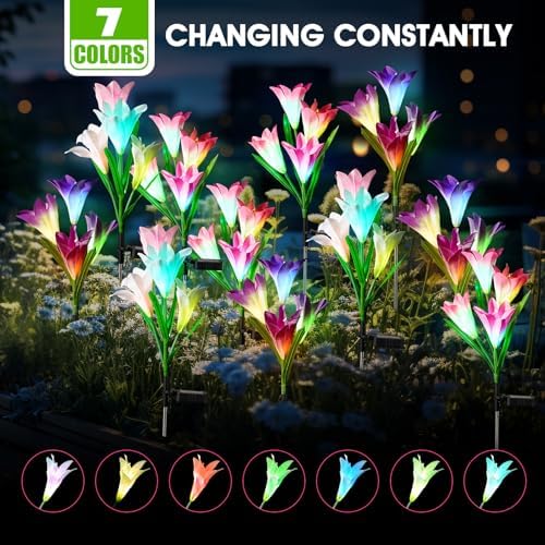 8 Pack Solar Garden Lights Outdoor, 7 Color Changing LED Waterproof Solar Powered Lily Flowers Landscape Lights for Outside Yard, Patio, Pathway Decorative, Décor - Image 5