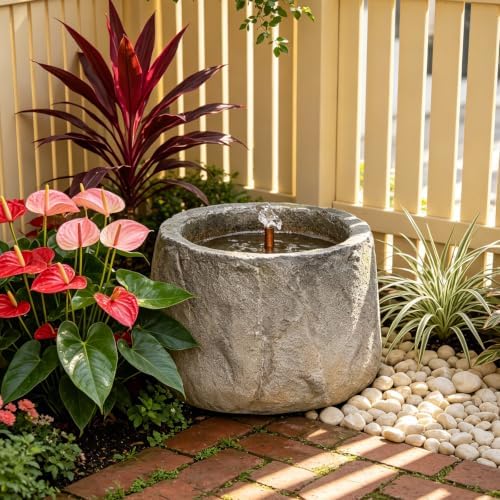 Tankana Compact Round Faux Stone Trough Water Fountain Outdoor Bubbler Water Feature Indoor with Solid Copper Tubing & Hidden Pump, Cottage Garden Yard Patio Entryway Meditation Fountain, Gray - Image 6