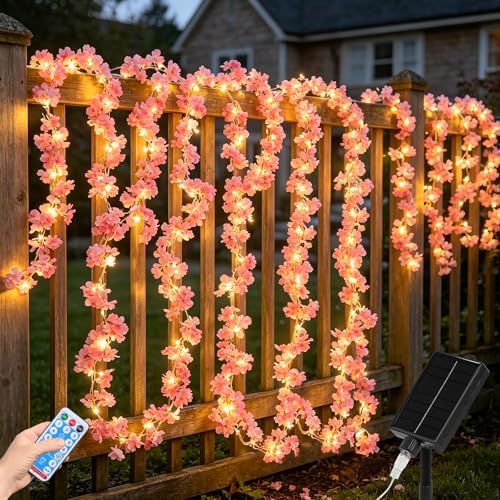 GOESWELL Solar Flowers Vine Lights : 32.8Ft 100Led Warm White Fairy Lights with Remote Timer Dimmable for Garden Fence Balcony - Solar Cherry Blossom String Lights for Patio Yard Pathway Wedding Decor by SolarOutdoorLights