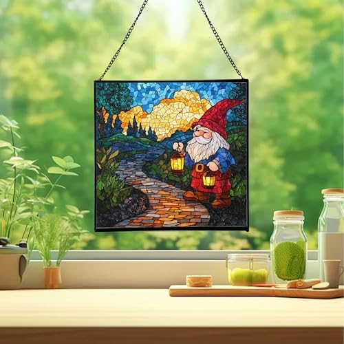 Garden Lantern Path Gnome Stained Glass Suncatcher – Square Hanging Window Panel for Home or Greenhouse – Whimsical Glass Art Gift for Garden Lovers, Christmas, Halloween, Father Days r07p0u - Image 2