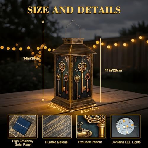 Solar Lantern Outdoor Garden Hanging Lantern Ornate Vintage Skeleton Keys Baroque Gold Bronze Tones Waterproof Solar Powered Lighting Outside Table Lamp for Patio Deck Yard Camping - Image 2