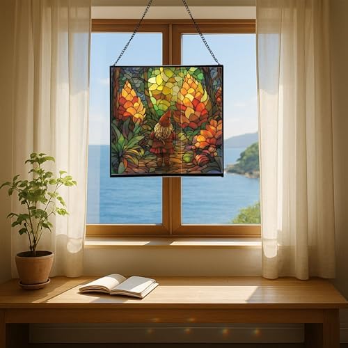 Gnome in Pinecone Forest Stained Glass Suncatcher – Square Hanging Window Panel for Home or Greenhouse – Whimsical Glass Art Gift for Garden Lovers, Christmas, Halloween, Father Days 0j5Gb5 - Image 6
