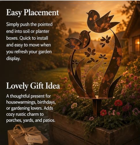 Bird & Wildflower Metal Garden Rustic Bird Stake (2, 13.7 inch) - Image 6