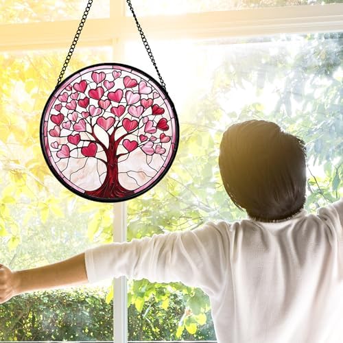 Pink Heart Tree Stained Glass Window Hanging Suncatcher Gifts Decor 9.8" - Image 3