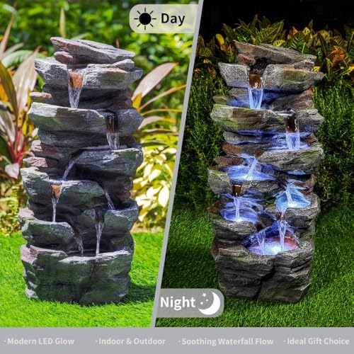 23.6'' Outdoor Waterfall Fountain with LED Lights for Garden, Patio & Lawn Decor - Cascading Tiered Stone Design Resin Water Feature - Image 4