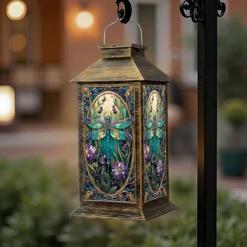 Solar Lantern Outdoor Waterproof Stained Glass Dragonfly Vibrant Flowers Intricate Details Garden Decor LED Solar Lights Hanging/Tabletop Lamp Gifts for Women Mom for Outside Yard Patio by DERUINVAIO