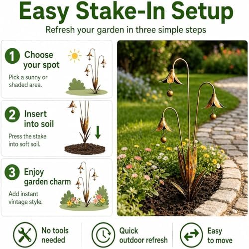 Triple Bluebells Garden Stake with Bell, Flamed Copper Three Calla Lilies Garden Stake, Metal Flower Outdoor Yard Decoration, Weather Resistant Rustic Handmade Wind Bell Stakes for Lawn Patio (B) - Image 4