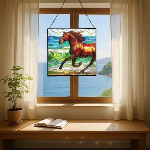 Dark Bay Thoroughbred Horse galloping along wind-cut shore Square Suncatcher – Stained Glass Style Window Panel with Pastoral Scene, Custom Decorative Hanging Art for Equestrian Home, Christmas taLOEO - Image 5