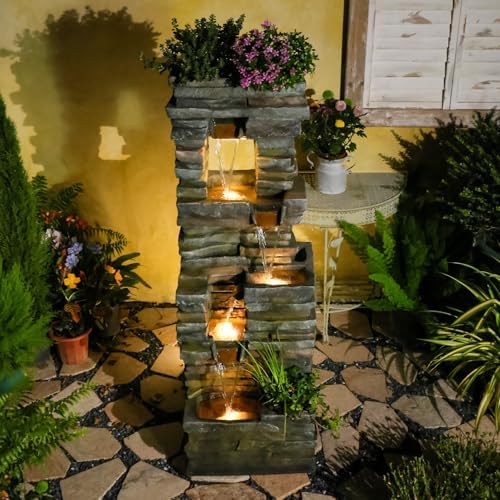 Tankana 60 inches Large Outdoor Water Fountain Waterfall — Garden Rock Fountains 4-Tiered Waterfalls Outdoor with Lights Natural Stone Look Hollow Fountain for Patio Pool Porch Backyard, Stone Gray - Image 5