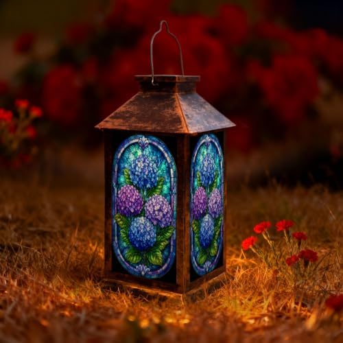 Solar Lantern Stained Glass Style Hydrangea Outdoor Waterproof Garden Hanging Lantern Solar Powered Lighting Outside Solar Light for Patio Yard Camping, Gifts for Women Mom by Unknown