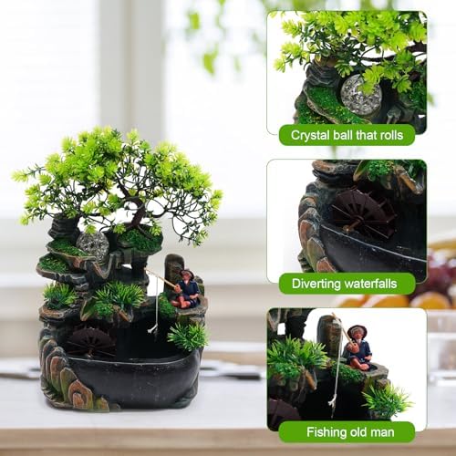 Tabletop Fountain Rockery Waterfall, Desktop Miniature Rockery Crafts with Plants Stones LED Lamp for Home Office and Bedroom Study Room - Image 3