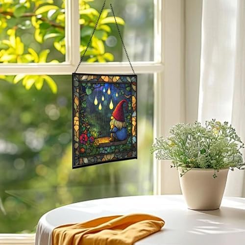 Gnome in Rainy Window Stained Glass Suncatcher – Square Hanging Window Panel for Home or Greenhouse – Whimsical Glass Art Gift for Garden Lovers, Christmas, Halloween, Father Days C6Ziju - Image 3