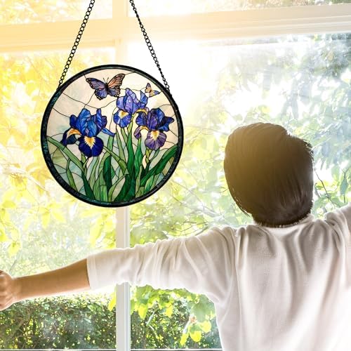 Purple Iris and Butterfly Stained Glass Window Hanging Suncatcher Gift 12" - Image 4