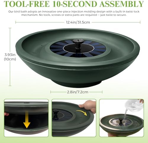 Solar Bird Bath with Fountain,12.4" Dark Green Birdbath for Outdoors,Tool-Free 10s Assembly,6 Spray Nozzles,Lightweight Plastic Water Feature for Garden Decor,Patio Gitf,Hummingbirds - Image 2