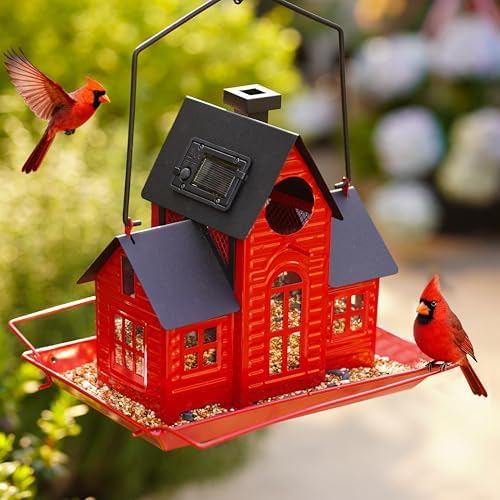 Solar Bird Feeders for Outdoors Hanging,Metal Cardinal Bird House Feeder with Solar Powered Lantern Light,Wild Cardinal Birdfeeder Waterproof Decor for Garden Yard Outside,Gift for Grandma Mom - Image 2