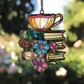 Books Teacup Acrylic Suncatcher 12 Inches, Fall Decoration Indoor Outdoor, Bedroom Porch Decor, Stained Glass Effect Window Hanging, Floral Reading Decor, Book Lover Gift for Her Mom Grandma by XISZYS