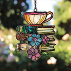 Books Teacup Acrylic Suncatcher 12 Inches, Fall Decoration Indoor Outdoor, Bedroom Porch Decor, Stained Glass Effect Window Hanging, Floral Reading Decor, Book Lover Gift for Her Mom Grandma by XISZYS