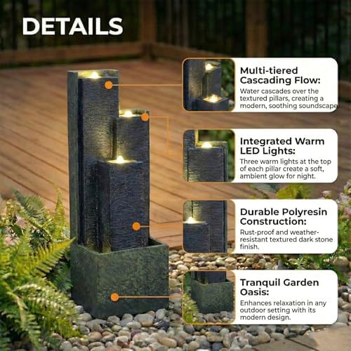 Modern Geometric Design Water Fountain Outdoor with LED Lights, 23.6" Tall Cascading Water Feature for Patio, Lawn, Backyard & Garden, Water Fountain Decor (Modern Geometry 40" H) - Image 4