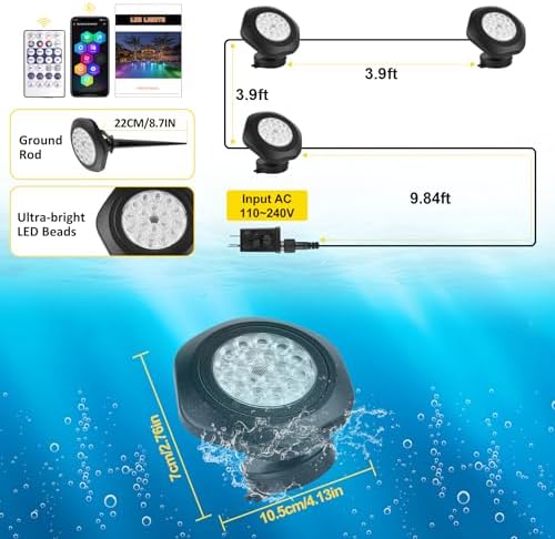 T-SUN RGB Submersible Pond Lights with APP and Remote Control 3 Pack - Image 2