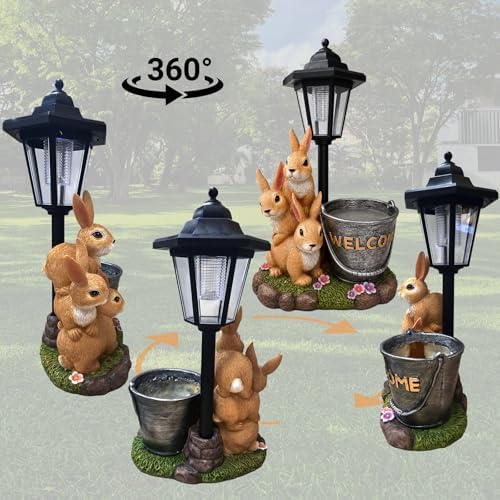Solar Garden Statues Bunny Decor, 12.7" Upgraded Outdoor Rabbit Figurine with Welcome Planter & 3-Panel LED Lantern, Waterproof Resin Animal Yard Art Sculpture, Gardening Gifts for Women Mom Patio - Image 4