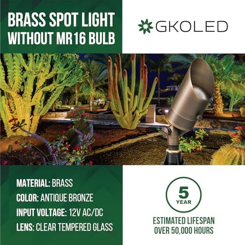 GKOLED 12V Brass Landscape Spotlight, LED Low Voltage Landscape Lighting, Outdoor Adjustable Lights for Yard Wall Lawn Tree Patio Garden, Waterproof Directional Up Light, No MR16 Bulb (Pack of 2) - Image 2