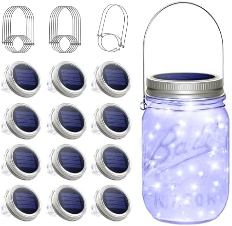 SunKite Solar Mason Jar Lights, 12 Pack 30 LED Waterproof Fairy Firefly Jar Lids String Lights with Hangers(NO Jars), Patio Yard Garden Wedding Decoration - Cool White by SunKite