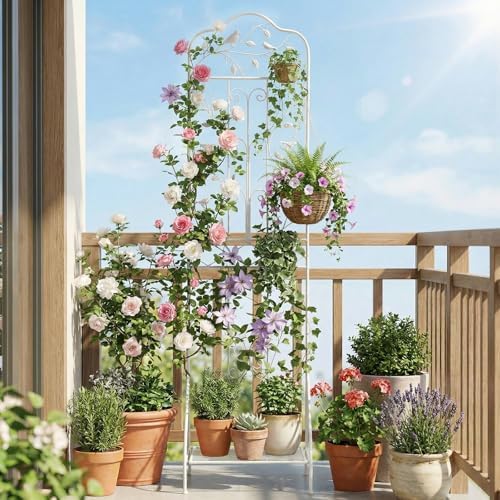 Giantex Metal Garden Trellis for Climbing Plants Set 2, 75" x 20" Outdoor Rose Trellis w/Foldable Bottom, Freestanding Plant Support for Vines, Flowers, Vegetables & Fruits, Patio Lawn Garden, White - Image 6