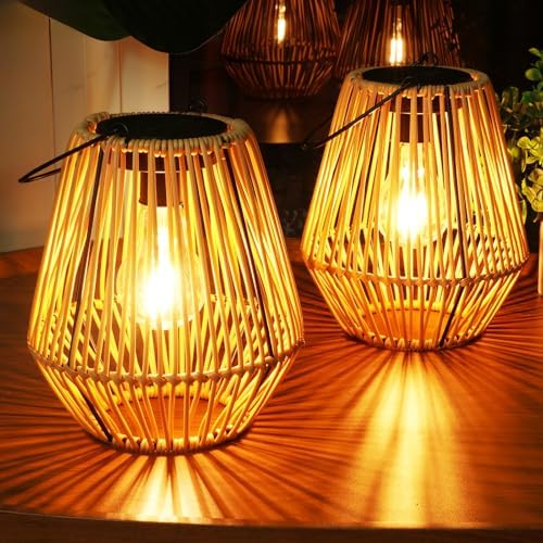 Homemory 2 Pack Rattan Lantern Solar Outdoor Waterproof Hanging Lights by Homemory