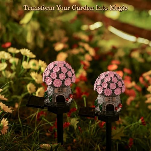 Solar Pink Floral Cottage Lights Outdoor, 2 Pack Waterproof Fairy Garden Pathway Lights, Hand-Painted Resin Flower House Decor for Yard Lawn Patio, Gift for Garden Lovers - Image 2