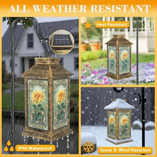Stained Glass Style Solar Lantern Outdoor Garden Hanging Lantern Sunflower Glass Art Soft Intricate Mosaic Patterns Waterproof Solar Powered Lighting Outside Table Lamp for Patio Deck Yard Camping - Image 3