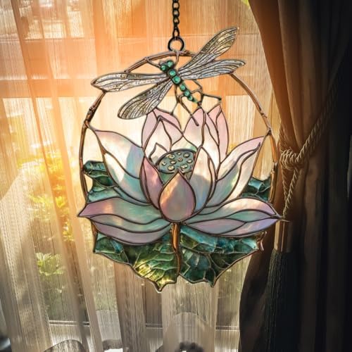 Dragonfly Lotus Acrylic Suncatcher Size 8 inches, Boho Sun Catchers for Window Hanging, Stained Glass Effect Indoor Outdoor Garden Decor for Dragonfly Lovers, Gift for Mother's Day, Mom by GIKZO