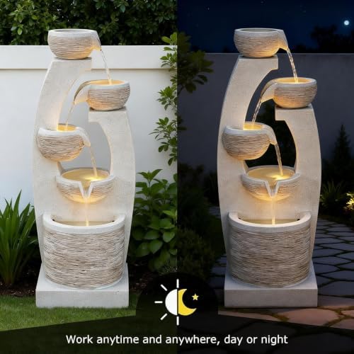 Qingyinge 33'' H Modern Outdoor Fountain Resin Outdoor Garden Fountains with Contemporary Design LED Light for Garden, Patio, Deck, Porch, Backyard and Home Art Decor - Image 3