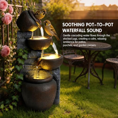 Outdoor Water Fountain with Lights 4 Tier Cascading Pots Resin Stone Look Garden Waterfall Fountain for Patio Yard Porch Landscape - Image 6