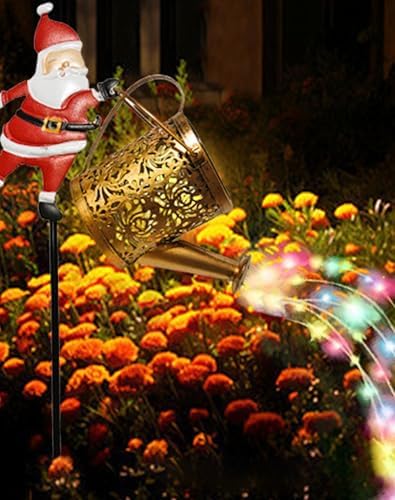 Christmas Solar Kettle Lights Garden Lawn Decorative Lights, Santa Kettle Ground Lamp, Solar Santa Kettle Light, Metal Solar Watering Can, Outdoor Garden Decoration for Pathway Yard Patio (Warm White) - Image 6