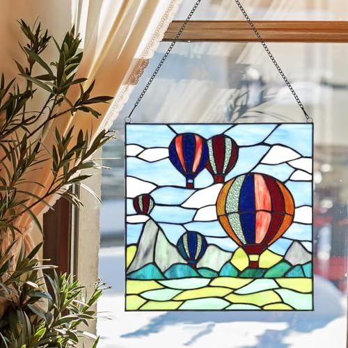 PA0002 Stained Glass Hanging Panel-12" Wx12"H Window Suncatcher Window Décor Tiffany Style Wall Décor Hanging Art,Hot Air Balloons. - Image 2