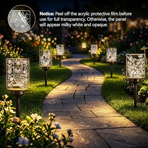 ODEETRONIC Solar Garden Lights, 4 Pack Solar Pathway Lights with Butterfly Frog Hummingbird Owl Pattern, Outdoor Landscape Lighting, Waterproof Acrylic Garden Stake Light for Yard Walkway, Warm White - Image 2