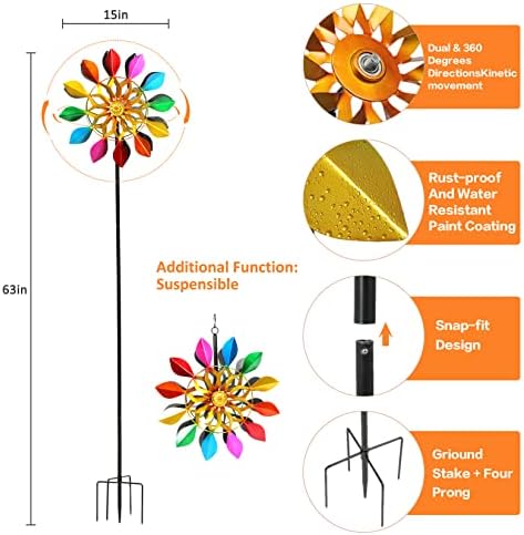 63 Inch Kinetic Wind Spinners with Garden Stake, Rainbow Metal Windmill Decorations, 360 Swivel Outdoor Wind Sculpture, Dual Direction Colorful Wind Catcher for Yard Art, Lawn, Garden Decor, Gifts - Image 5