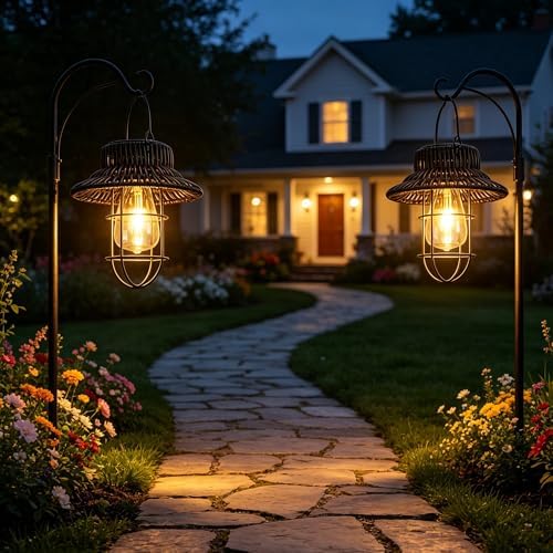 pearlstar Solar Lanterns Outdoor Waterproof Hanging Solar Lights Outside Wall Sconce Lights with Edison Bulbs for Patio Porch Fence Garden Yard Garage Decor&Gifts (2Pack Black Rattan Woven) - Image 5