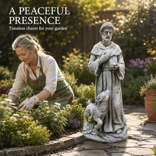 25.39 Inch St Francis Garden Statue With Lamb And Bird, Large Yard Statues - Image 6